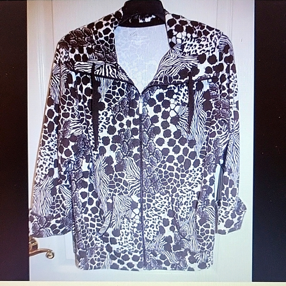Kim Rogers brown white Animal print zip front jacket 3/4 cuff sleeve Medium EUC